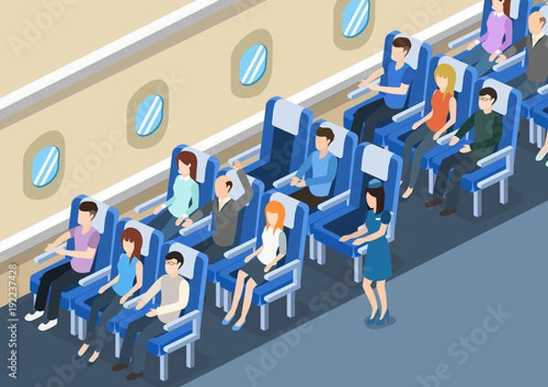 Fototapeta Isometric 3D vector illustration board of the aircraft from the inside with passengers and stewardess