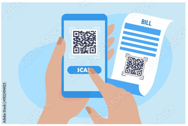 Obraz  scans QR code from paper bill invoice with mobile app 