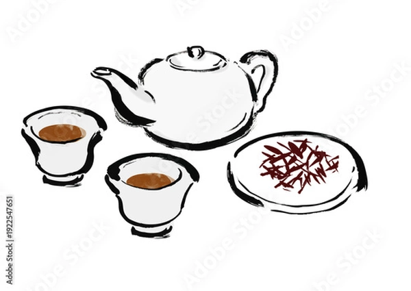 Obraz 湯呑みと急須に入った中国茶のと茶葉の和風筆イラスト素材