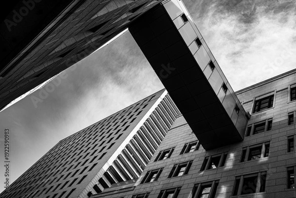 Obraz 連結ブリッジが交差する都市建築のモノクロ構図