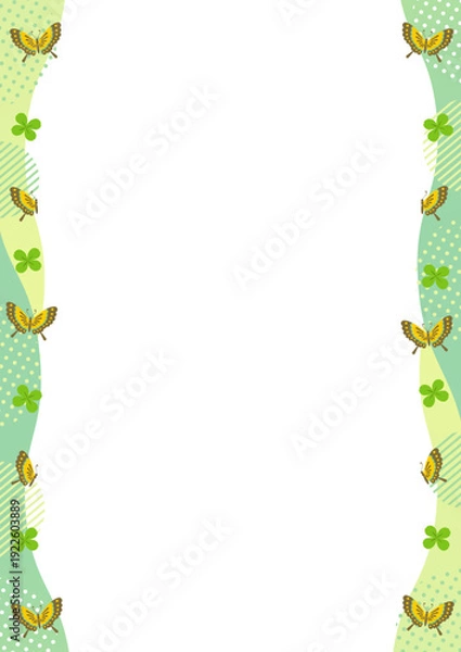 Obraz 蝶とクローバーと幾何学模様と波の左右の縦型のフレーム_ 緑