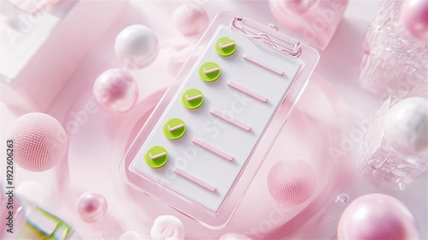 Fototapeta ピンクの空間に浮かぶタブレット状のチェックリスト素材