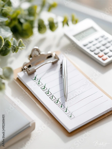 Fototapeta デスクに置かれたクリップボードと計算機・事務作業のライフスタイル