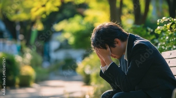 Obraz 公園のベンチで頭を抱える日本人男性