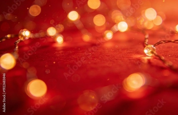 Obraz Warm Festive String Lights on Red Background