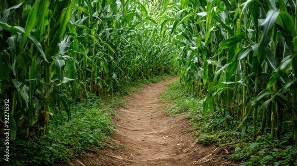 Obraz Winding dirt path through green corn field