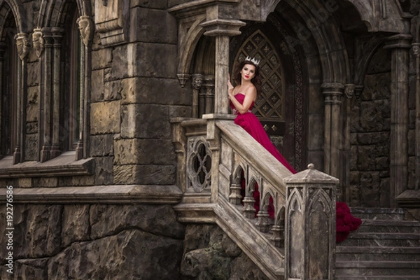 Fototapeta A beautiful woman, a queen in a red dress, stands on the background of a medieval, Gothic door on the stairs with an arch, silver caron with crystals. The Princess at the Castle