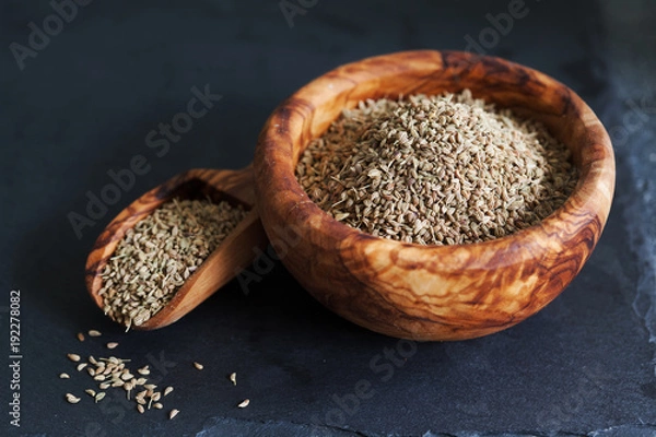 Fototapeta Closeup of ajwain seeds in a wooden bowl over darl slate background