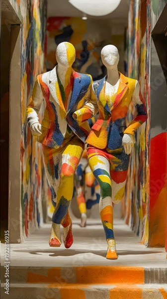Obraz カラフルなペイントを施したマネキンの躍動のイメージ