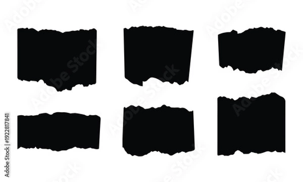 Obraz Six black rough-edged shapes, suggesting torn paper or abstract forms, presented on a clean white background.
