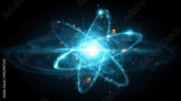 Obraz Glowing blue atom model with orbiting particles, set against a dark background