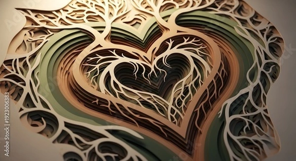 Obraz Abstract Tree Root Heart Layered Paper Cut Design