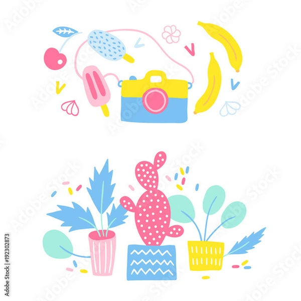 Fototapeta Set of floral compositions with cherry, ice cream, meringues, bananas