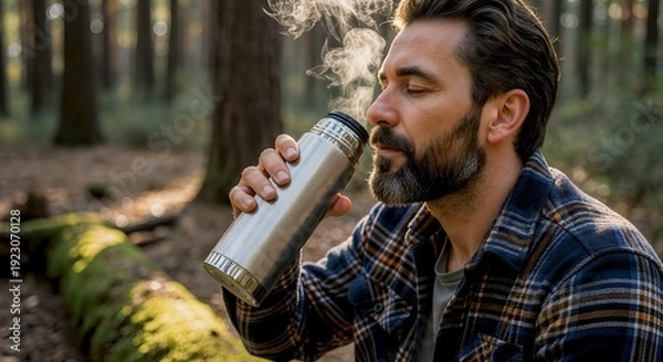 Obraz Man drinking from a thermos while sitting in a forest setting.
