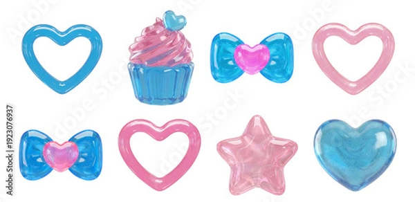 Obraz パステルゼリー風3Dスイーツ＆ラブアイコンコレクション ― グロッシーリボン・ハート・スターセット
