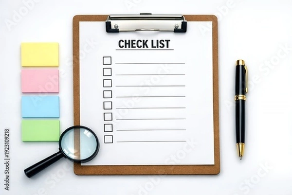 Obraz クリップボードのチェックリストと色鮮やかな付箋に虫眼鏡とペンが置かれた無人の俯瞰写真