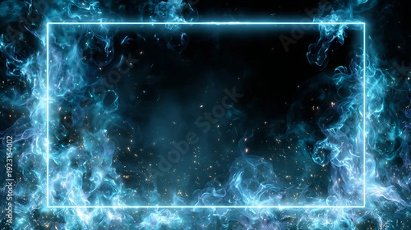 Obraz 激しく燃え盛る青い炎と火花が舞う中にシアンのネオンフレームが浮かび上がる幻想的なエネルギー背景素材