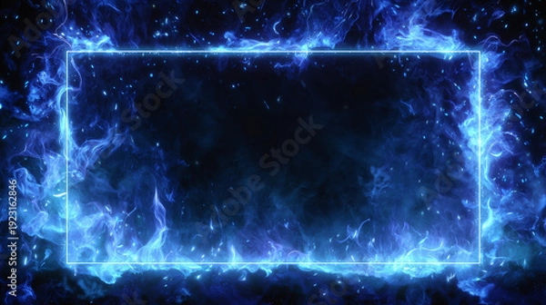 Obraz 暗闇の中に神秘的な蒼い炎とエネルギーのオーラが揺らめく幻想的でスピリチュアルな光のフレーム背景