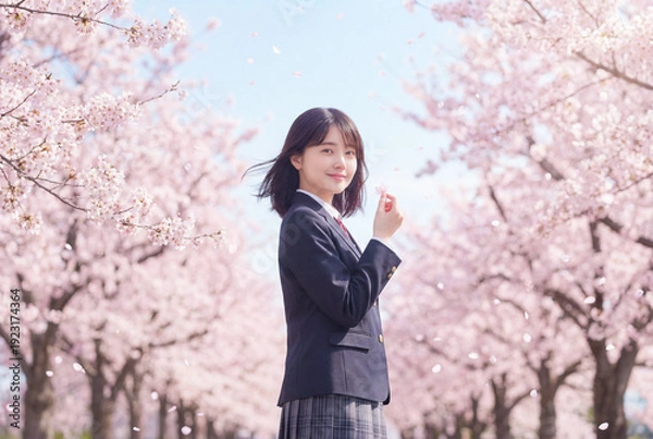 Obraz 桜並木と桜の花びらを持った女子高生