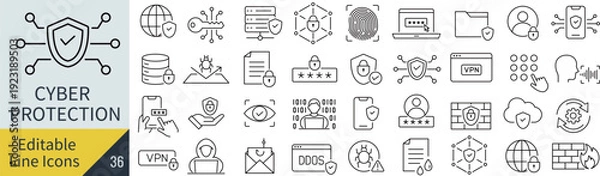 Obraz 線の編集ができるサイバープロテクションに関するアイコンセット（アウトライン化していない）
