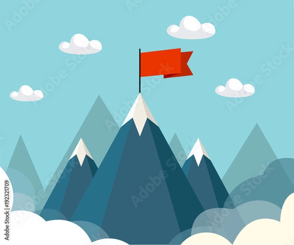 Obraz Landscape with flag on the mountain. Success concept illustration. Vector illustration.