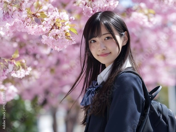 Obraz 満開の桜並木を背景に笑顔でこちらを見つめる紺色の制服を着た女子学生のポートレート
