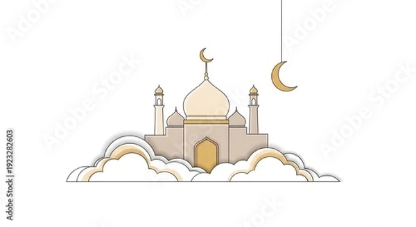 Obraz Islamic mosque with crescent moon hanging from clouds.
