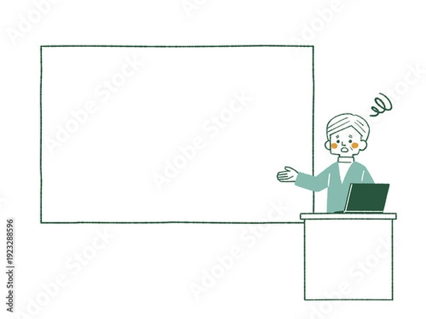 Obraz 困った表情でスクリーンやホワイトボードを使って説明をする男性