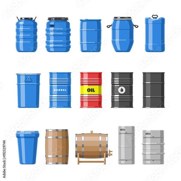 Fototapeta Beczki z olejem wektorowym z paliwem i winem lub piwem w beczkach drewnianych ilustracja beczki alkoholu w pojemnikach lub zestawie do przechowywania na białym tle