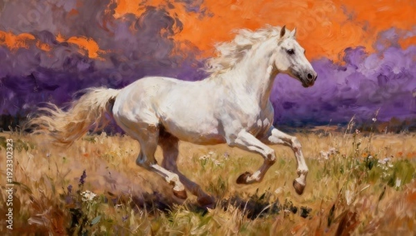 Obraz 表現豊かな油彩で描かれた白馬の疾走