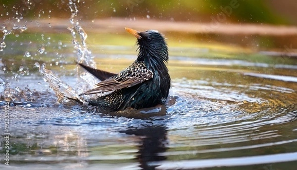 Obraz Common Starling Bathing In A Puddle