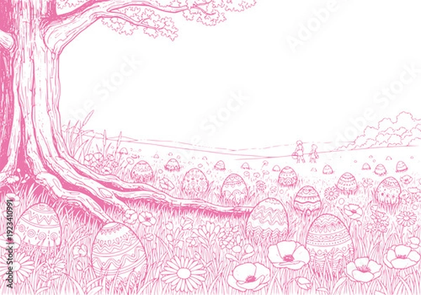 Fototapeta Easter Egg Hunt: A Pink-Hued Springtime Scene