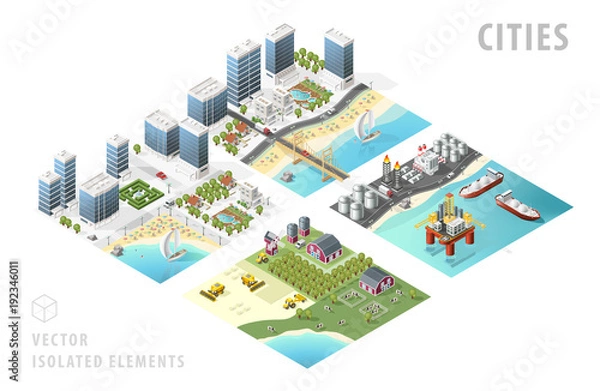 Fototapeta Set of Isolated Isometric Realistic City Maps. Elements with Shadows on White Background