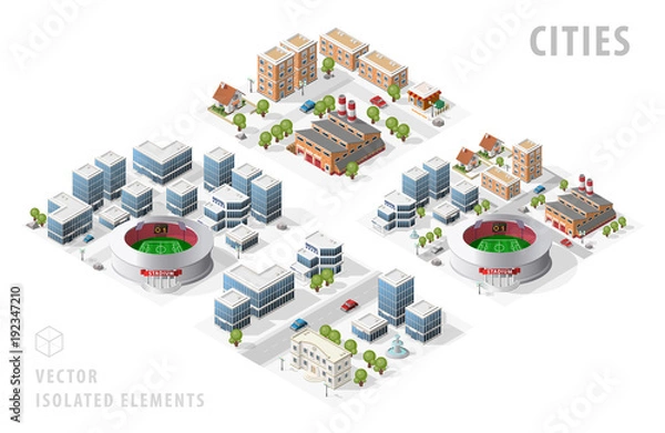 Fototapeta Set of Isolated Isometric Realistic City Maps. Elements with Shadows on White Background