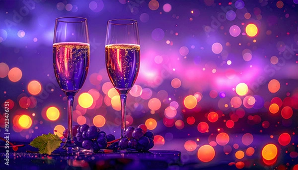 Obraz 深い紫の夜に溶け込むシャンパングラスとブドウの幻想的なスチルライフ背景