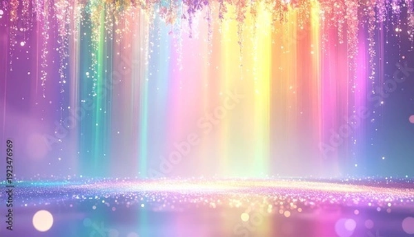 Obraz パステルカラーの光の柱と輝くパーティクルが舞う祝福の抽象デザイン