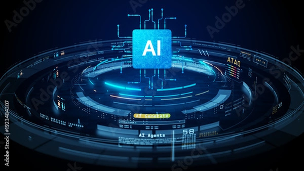 Obraz Futuristic AI processor chip with digital interface and data network connections. High-tech background for artificial intelligence, machine learning, automation, and innovation concepts. 3d rendering