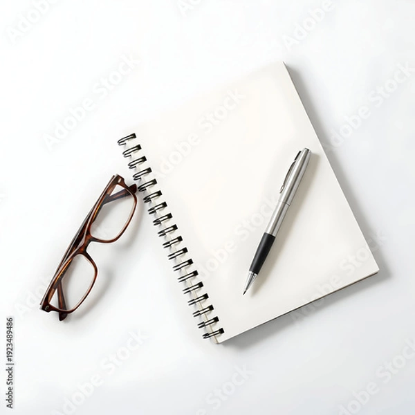 Obraz Notepad glasses and pen on a white background top view