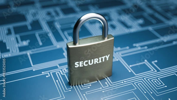 Obraz Network data security padlock circuit blueprint. 3d rendering