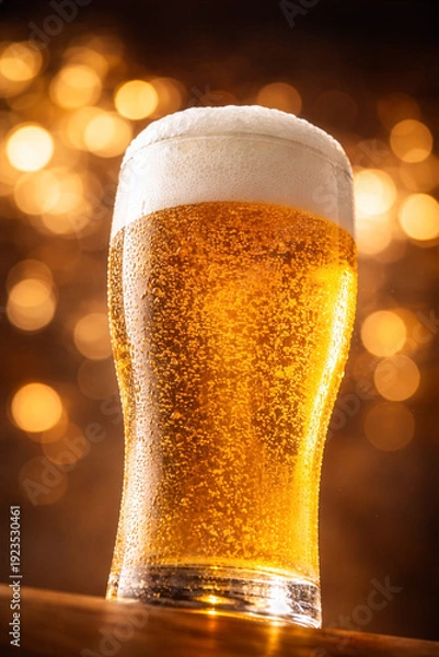 Obraz 黄金色に輝く生ビールときめ細かな泡のクローズアップ、背景ボケが美しいダイナミックなビール広告向けビジュアル