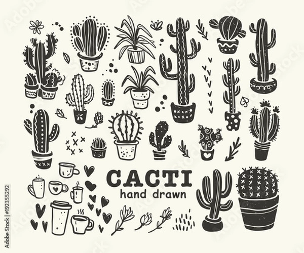 Fototapeta Vector collection of black hand drawn cactus sketch collection isolated on white background. Flat cactus icon set. Nature elements illustration.