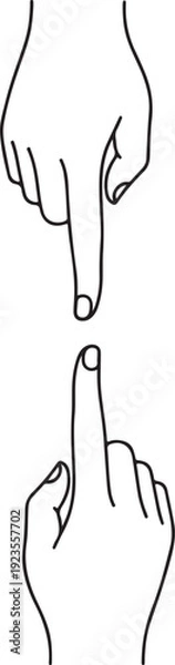 Obraz Two fingertips approaching, simple thin line vector on white background silhouette.