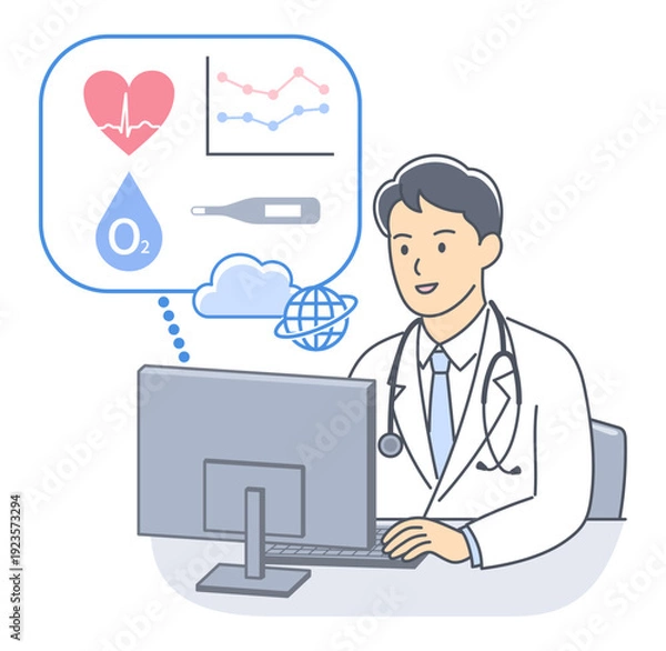 Obraz 遠隔診療で患者のバイタルデータをパソコンで確認する男性医師
