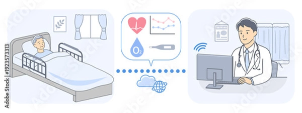 Obraz 自宅にいる患者のバイタルデータを遠隔診療で確認する男性医師