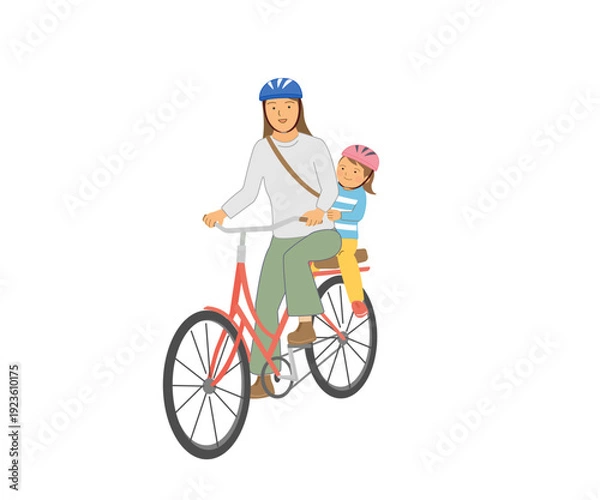 Fototapeta 自転車に乗るヘルメットを被った親子