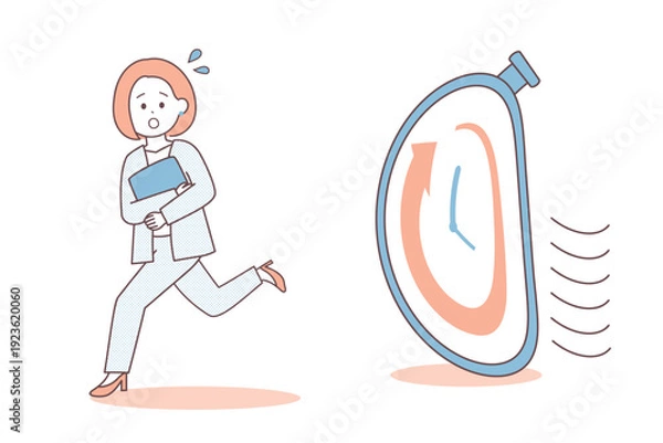 Obraz 時間に追われるビジネスウーマン｜締切やタイムリミットのイメージイラスト