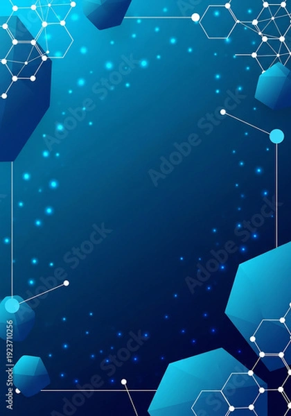 Obraz 青色背景上の幾何学的形状と点線接続による抽象的な構成