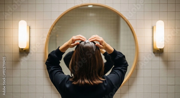 Obraz 鏡の前に立つ女性の姿を捉えた暖かい雰囲気の写真