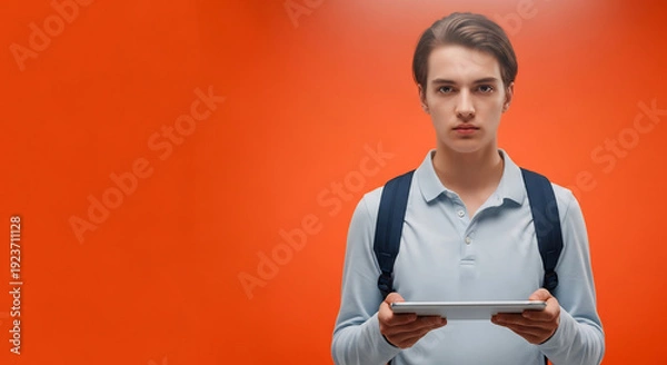 Obraz オレンジ背景における真剣な表情の若い男性とタブレット端末