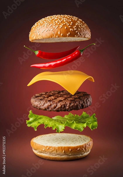 Obraz 空中分解のハンバーガー、明るい光の中でおいしそうに浮かぶ
